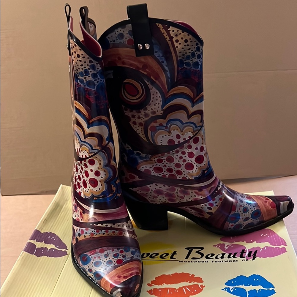 Red and Blue Heeled Boots with Artistic Design